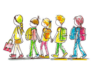 Hand drawn kids going to school, stick figure illustration isolated on a white background