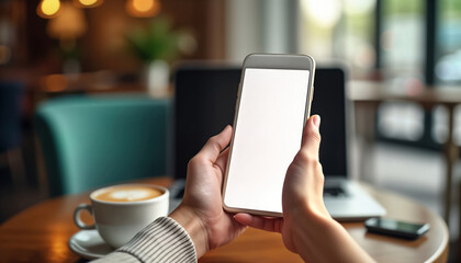 Woman holding phone in cafe. She uses tech for work. Laptop and coffee are on table. Businesswoman works at cafe. Modern tech lifestyle. Indoor scene. Focus on hands and phone screen.