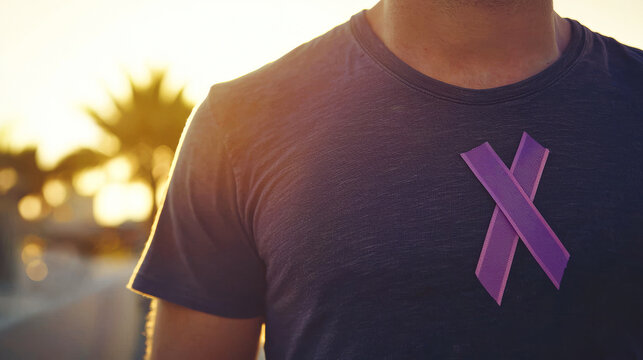 Man Wearing Purple Ribbon on T-Shirt at Sunset for International Day of Epilepsy Awareness. Concept of Health Awareness, Support for Epilepsy, Community Involvement