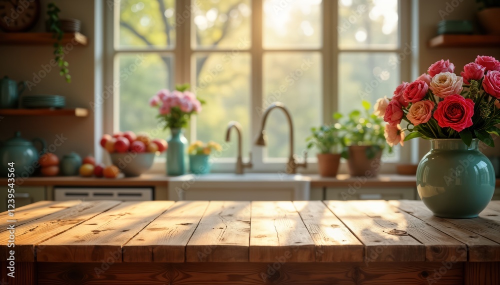 Poster rustic wooden table in bright vintage kitchen. sunlight streams through window. flowers in vase on t