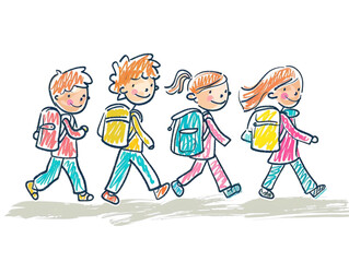 Naklejka premium Hand drawn kids going to school, stick figure illustration isolated on a white background