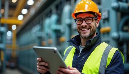 Technician in industrial facility uses digital tablet. Smiling pro holds digital tablet inspecting machinery. Wears safety helmet, uniform. Modern tech in industrial setting. Facility maintenance.