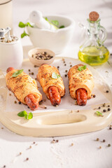 Tasty hot dogs as popular spicy appetizers.