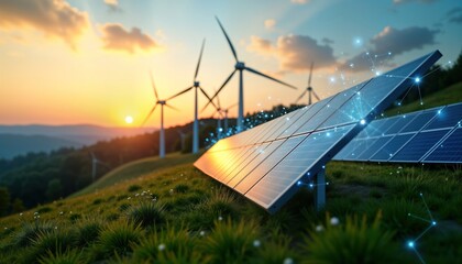 Glowing solar panels, wind turbines stand on green hill. Digital energy connections illustrate renewable energy, smart technology for sustainable future. Eco-friendly tech powers modern landscape.