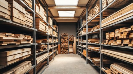 Obraz premium Storage racks filled with various wooden planks for furniture making.