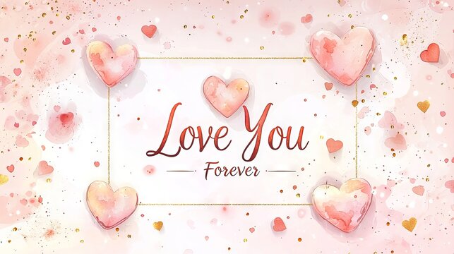 Watercolor Art of Love You Forever in Elegant Cursive with Hearts. Concept of Romance, Love, and Valentine's Day