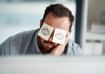 Man, sticky notes and sleeping in office, tired and professional with bad mental health. Male...