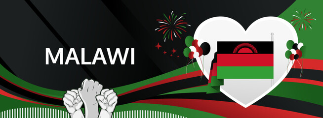 Malawi Independence Day modern greeting banner. 6 July Happy National Day. Holidays abstract concept in flag colors. Great for event like carnival, feast poster, support, culture and tourism