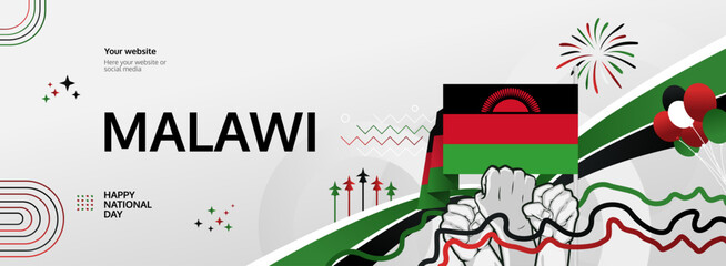 Malawi Independence Day modern greeting banner. 6 July Happy National Day. Holidays abstract concept in flag colors. Great for event like carnival, feast poster, support, culture and tourism