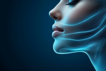 Futuristic female profile with digital blue light lines on face