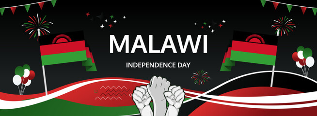 Happy independence day Malawi. Horizontal poster of Malawi national day with flag. July 6. Festive design concept for holiday celebration banner, greeting card, feast and congratulations