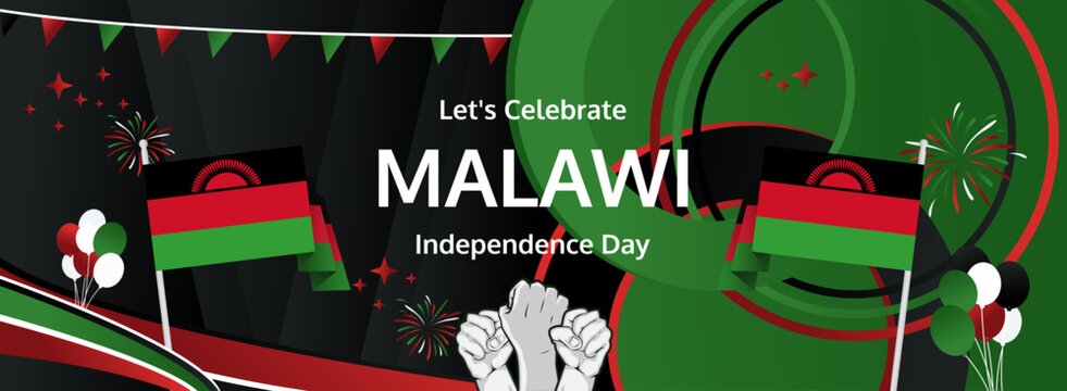 Happy independence day Malawi. Horizontal poster of Malawi national day with flag. July 6. Festive design concept for holiday celebration banner, greeting card, feast and congratulations