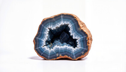 Blue agate crystal geode sliced open on white background