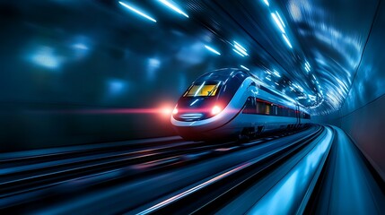 Fototapeta premium High-speed train approaching in a futuristic tunnel