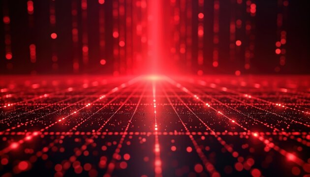 Abstract red tech background. Matrix style grid structure with glowing lines, points. Dark red color dominates futuristic pattern. Modern design. Ideal for tech presentations, digital art, wallpaper.