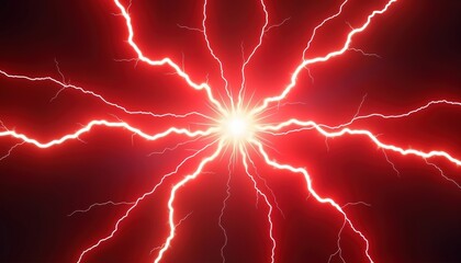 Abstract vibrant red lightning energy background with dynamic plasma. Powerful and electrifying energy radiating outwards from central point. Intense and glowing effect. Futuristic and modern design.