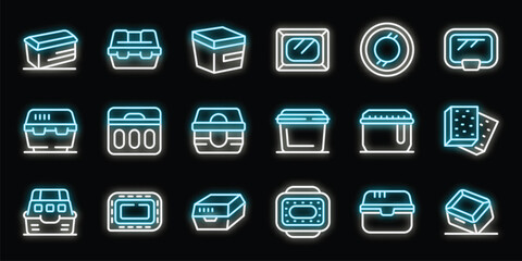 Food containers and food trays glowing blue and white neon icons set on black background