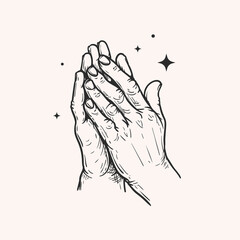 Hands folded in a prayer to god. Hand drawn sketch style. Religious spiritual symbol. Vector illustration in retro vintage style.