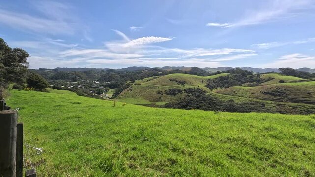 Matapouri Bay New Zealand Beautiful Green Countryside Pan Right
