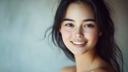 Naklejka premium a young beautiful Caucasian woman white clean skin and no make up smiling confidently