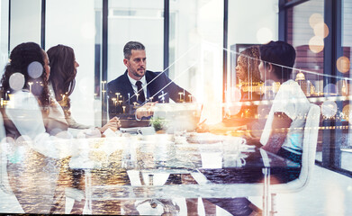 Team meeting, discussion and business people with double exposure for city development in office. Group, manager or architects plan project, building maintenance or bridge overlay with bokeh at night