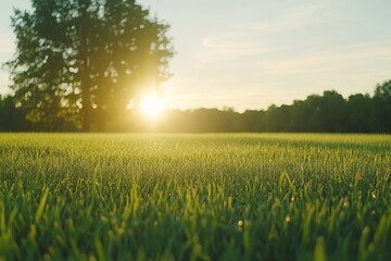 Sunset over tranquil green field with trees