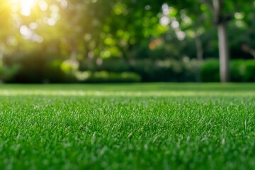 Naklejka premium Lush green grass in sunlit garden with trees and blurred background