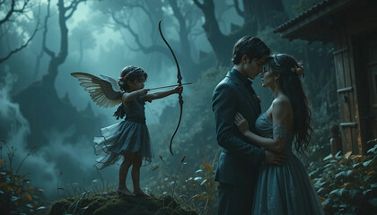 Valentine's Day scene - Cupid aims a bow at a couple in love..