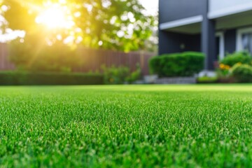 Fototapeta premium Lush green lawn with sunlit garden and modern house in the background