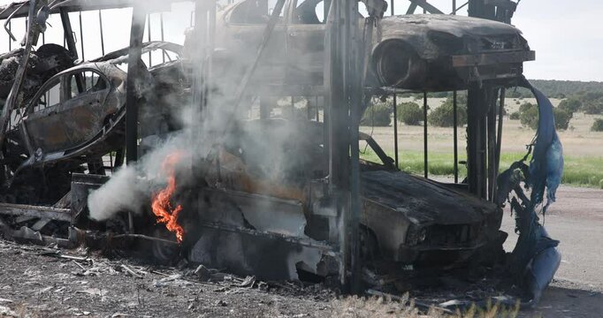 Burning Semi Truck Car Hauler Slow Motion