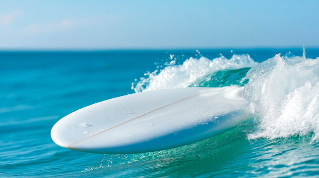 Bright white surfboard resting on calm, glassy turquoise sea. Sunlit ripples shimmer across the water&rsquo;s surface, creating a peaceful, dreamlike atmosphere with an endless horizon and coastal serenity.