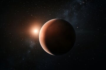 Mars in space: red planet illuminated by distant sunstar against starry cosmic backdrop