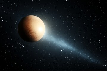Naklejka premium Celestial view of a planet in space with surrounding stars and distant comet tail