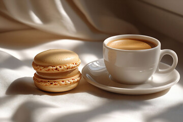 Rich Coffee and Golden Macarons Create a Blissful Afternoon Experience in Warm Light