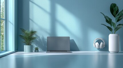 workspace features laptop and headphones placed on clean white desk soft blue lighting. Natural elements like plants add calming touch serene atmosphere of setting.