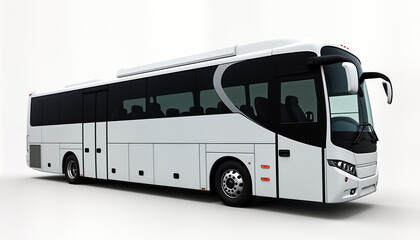 Empty white bus stands isolated on white background. Modern design coach. Side view. Full depth of field. Perfect for travel transportation concept. Ideal for travel posters. Focus on vehicle