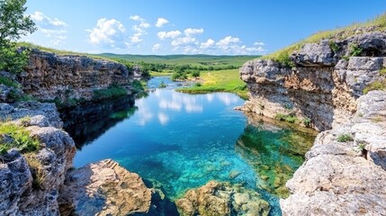 Crystal-clear spring water in rocky canyon, green hills background. Use Travel brochure