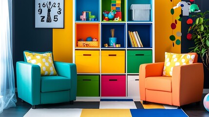 Colorful Playroom with Bright Furniture, Cubby Shelves, and Playful Decor