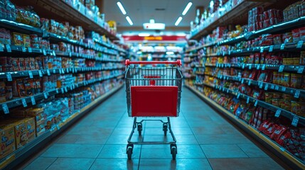wide view features flat design mockup of shopping cart located in well stocked supermarket aisle. cart has customizable handle and is surrounded various grocery products.