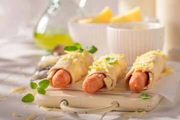 Delicious hot dogs prepared in summer kitchen.