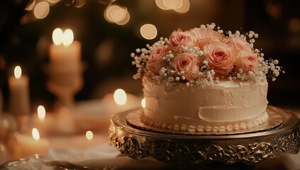 Fototapeta premium Romantic Wedding Cake with Pink Roses and Candles