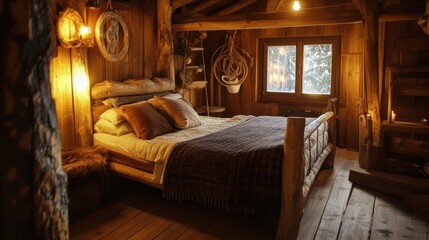 Fototapeta premium Cozy Rustic Bedroom Interior with Warm Lighting and Snowy Window View
