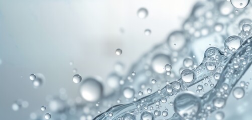 Close-up view of clear liquid cosmetic product. Bubbles, droplets. Cosmetic product texture. Hydrating skincare formula. Isolated background. Transparent liquid. Natural beauty product. Clear serum.