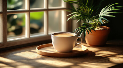 Morning Light Dances on a Minimalist Coffee Cup Beside a Lively Plant on a Wooden Table