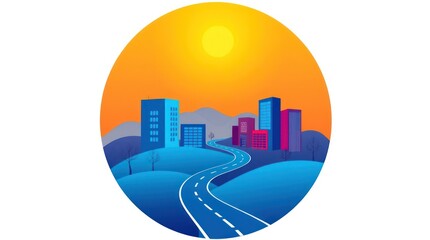 Vibrant circular landscape illustration bright sun, modern buildings in shades of blue, red, purple; winding road; abstract multi-colored circular frame; white background; clean, modern style