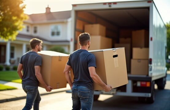 Two adult men diligently unloading cardboard boxes, furniture from moving truck on sunny day. Cooperate, working together as colleagues. Actions relocation service. Outdoor scene portrays common, pro