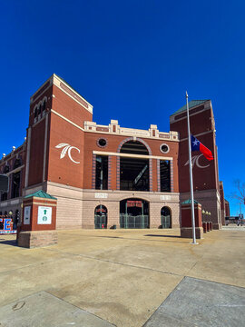 Choctaw Stadium an American multi-purpose stadium and Globe Life Field with blue sky at sunset in Arlington Texas USA