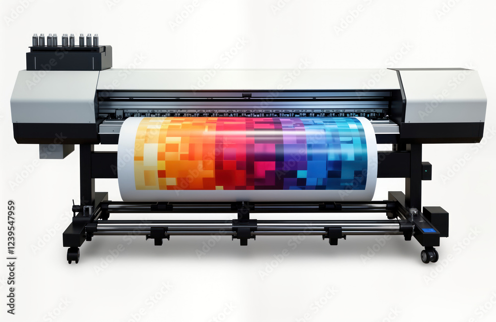 Fototapete modern large format printer machine prints colorful graphic design on roll of paper. colorful sample