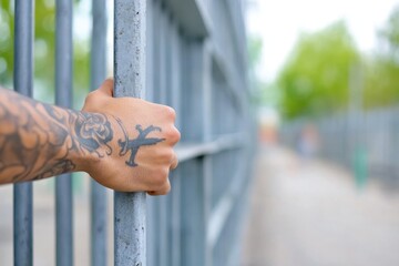 Tattooed hand grasping a metal fence bar, blurred park path in the background.