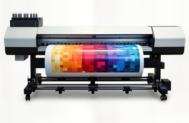 Modern large format printer machine prints colorful graphic design on roll of paper. Colorful samples on material demonstrate printing process. Industrial equipment shows tech advances in print